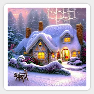 Magical Fantasy Cottage with Lights In A Snowy Scene, Scenery Nature Magnet